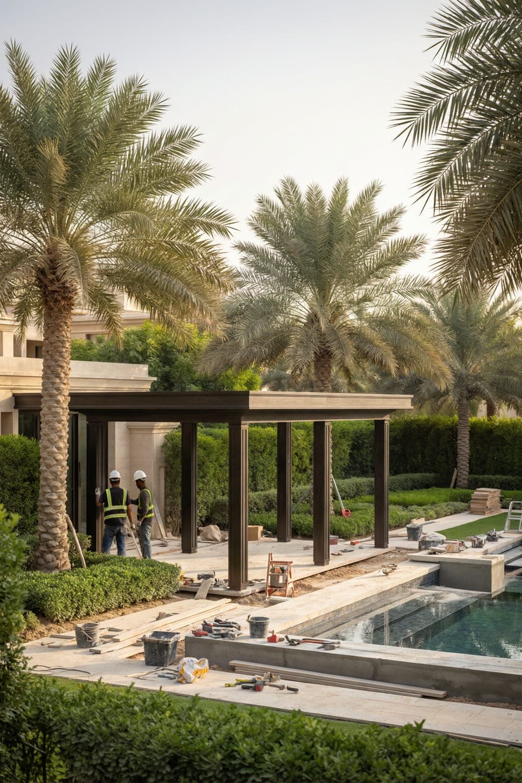Brightland team constructing a pergola beside a villa pool