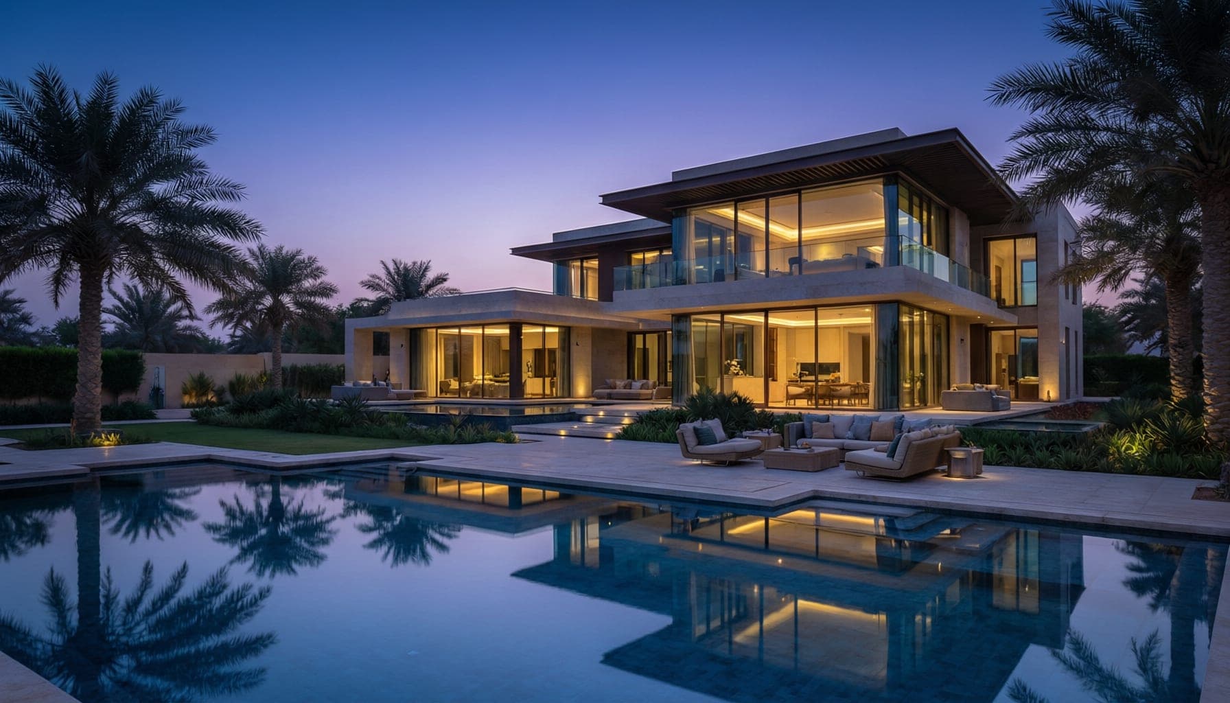 Modern luxury Dubai villa with swimming pool at blue hour